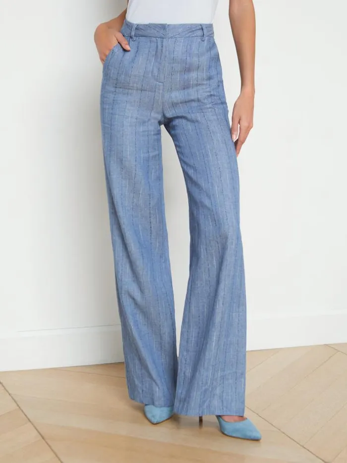 L039Agence Pants Shorts and Skirts Women Livvy LinenBlend Straight Leg Trouser Slate Blue Pinstripe