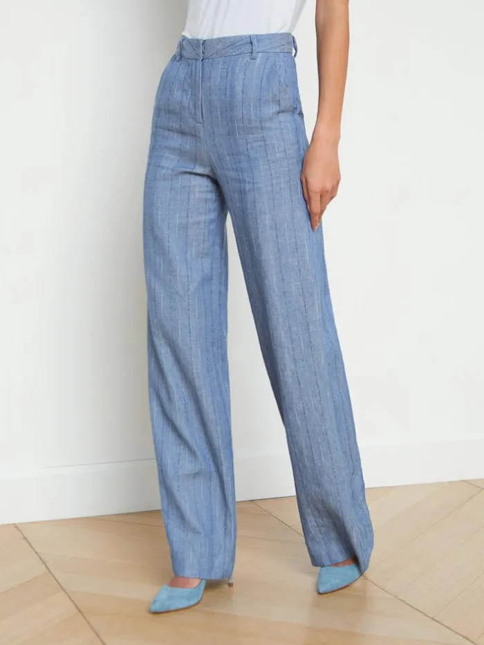 L039Agence Pants Shorts and Skirts Women Livvy LinenBlend Straight Leg Trouser Slate Blue Pinstripe