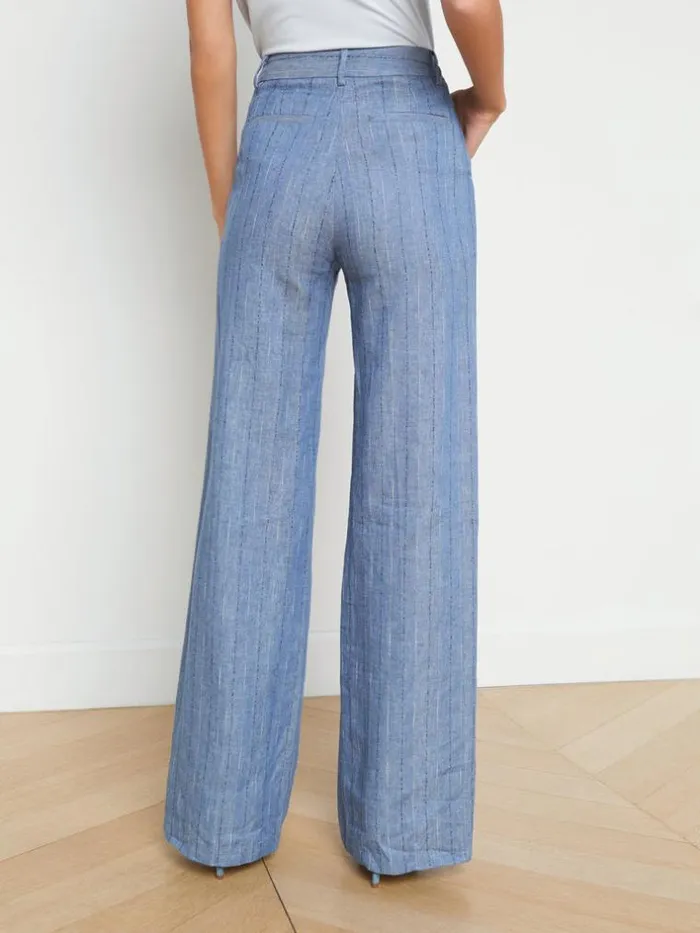 L039Agence Pants Shorts and Skirts Women Livvy LinenBlend Straight Leg Trouser Slate Blue Pinstripe