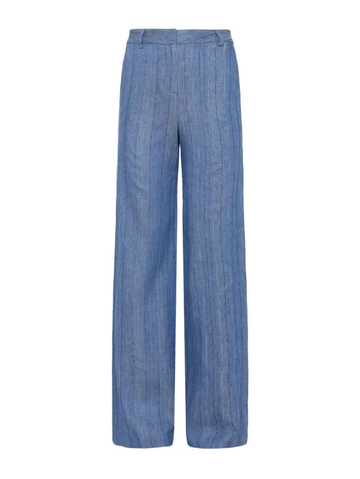 L039Agence Pants Shorts and Skirts Women Livvy LinenBlend Straight Leg Trouser Slate Blue Pinstripe
