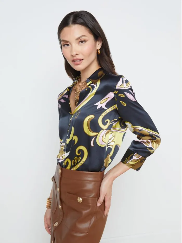 L039Agence Silks Women Dani Silk Blouse Olive Multi Abstract Scarf