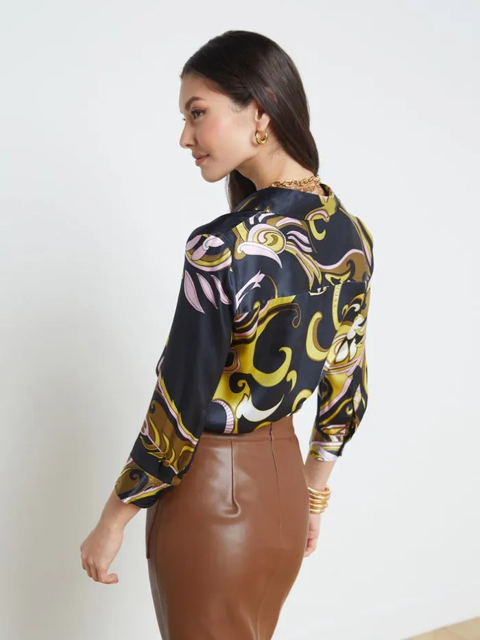 L039Agence Silks Women Dani Silk Blouse Olive Multi Abstract Scarf