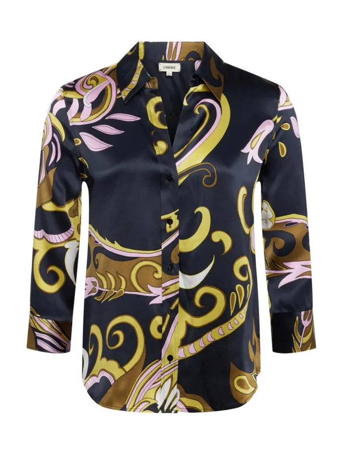 L039Agence Silks Women Dani Silk Blouse Olive Multi Abstract Scarf