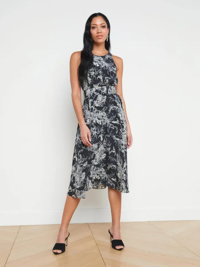 L039Agence Silks Women Vivian Belted Silk Dress Blackecru Sketch Paisley