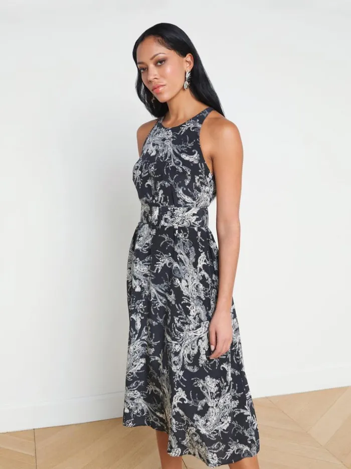 L039Agence Silks Women Vivian Belted Silk Dress Blackecru Sketch Paisley