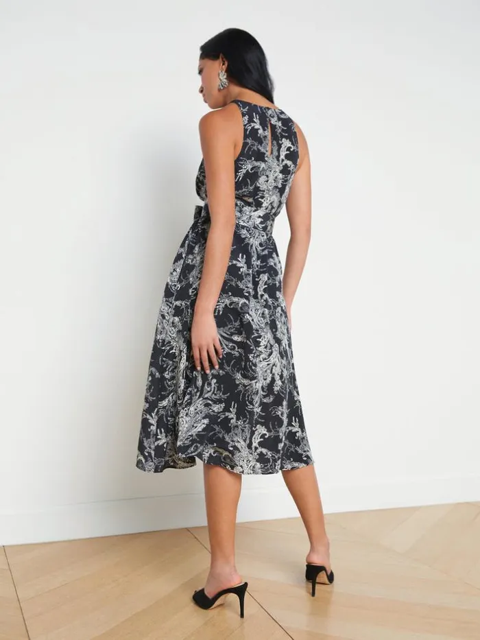 L039Agence Silks Women Vivian Belted Silk Dress Blackecru Sketch Paisley