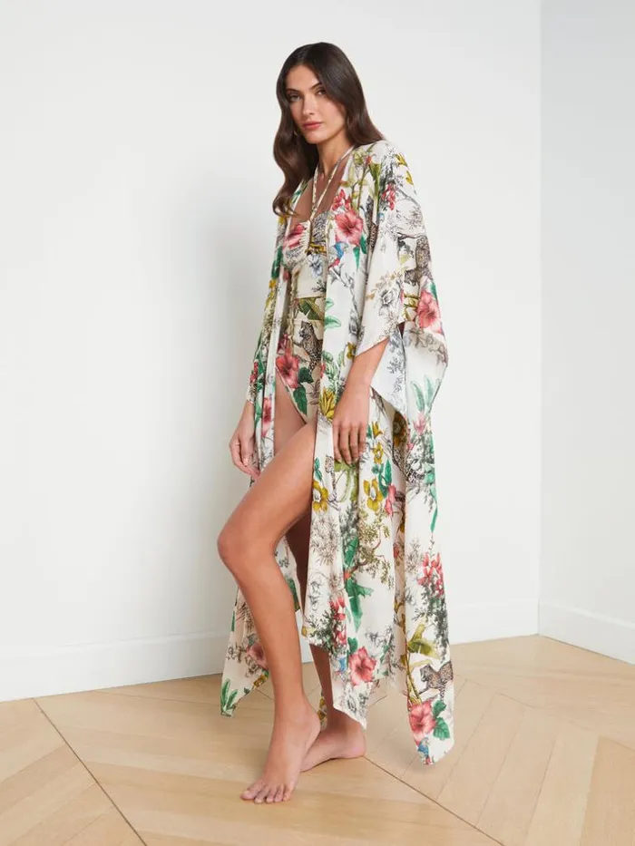 L039Agence Swimwear Women Kara SilkBlend Kimono Coverup Jungle Multi