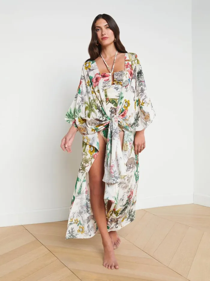 L039Agence Swimwear Women Kara SilkBlend Kimono Coverup Jungle Multi
