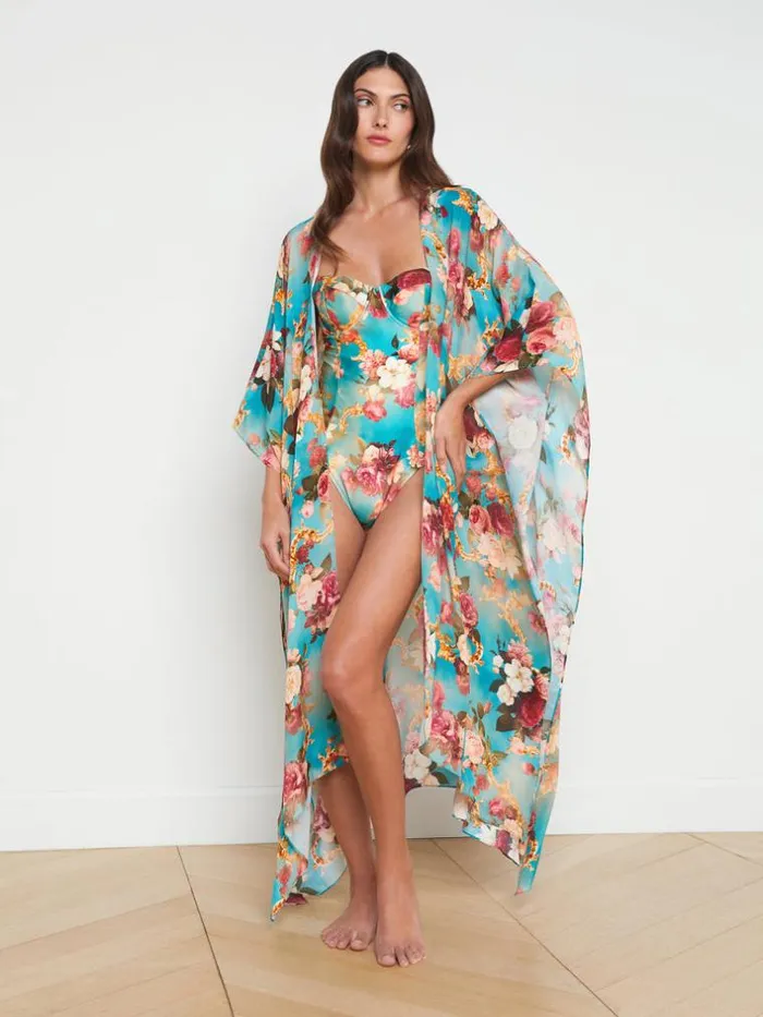L039Agence Swimwear Women Kara SilkBlend Kimono Coverup Multi Floral