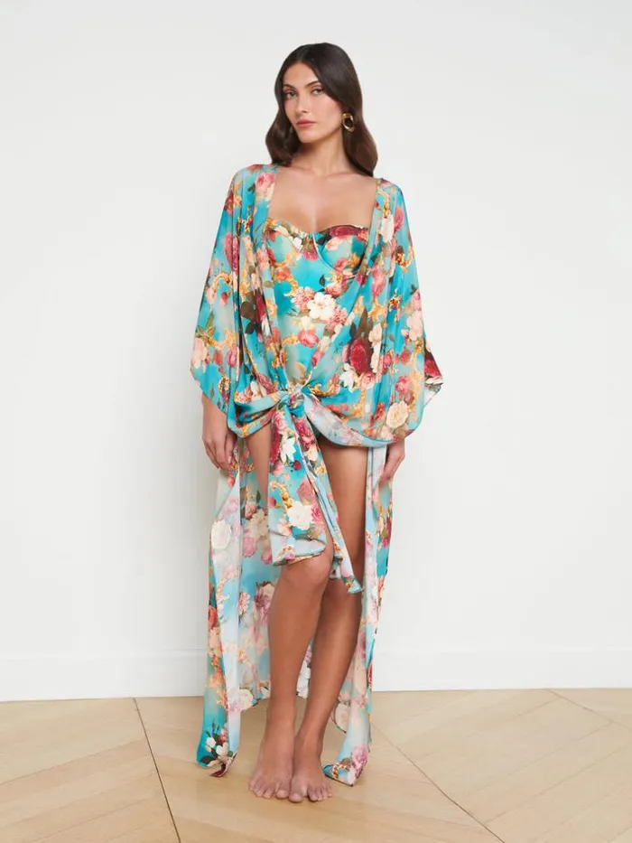 L039Agence Swimwear Women Kara SilkBlend Kimono Coverup Multi Floral