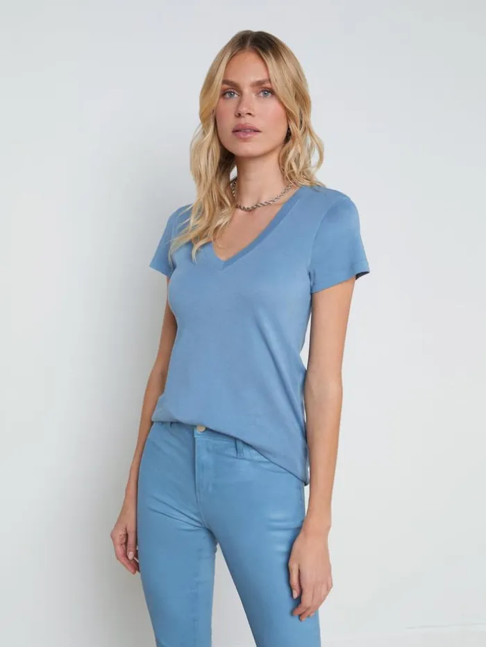 L039Agence Tees Women Becca Cotton VNeck Tee Blue Mist