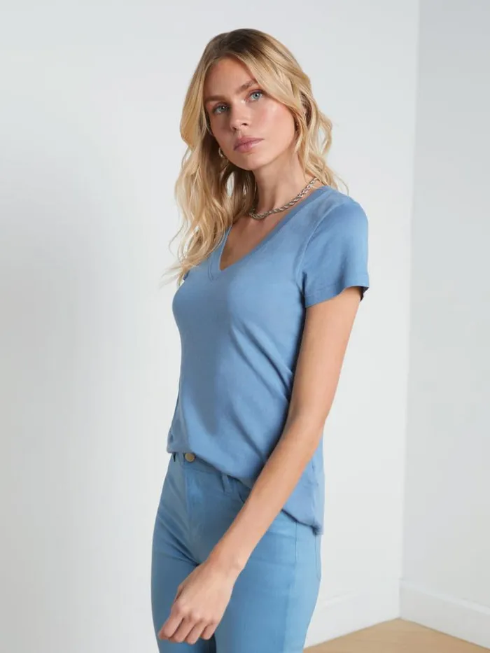 L039Agence Tees Women Becca Cotton VNeck Tee Blue Mist