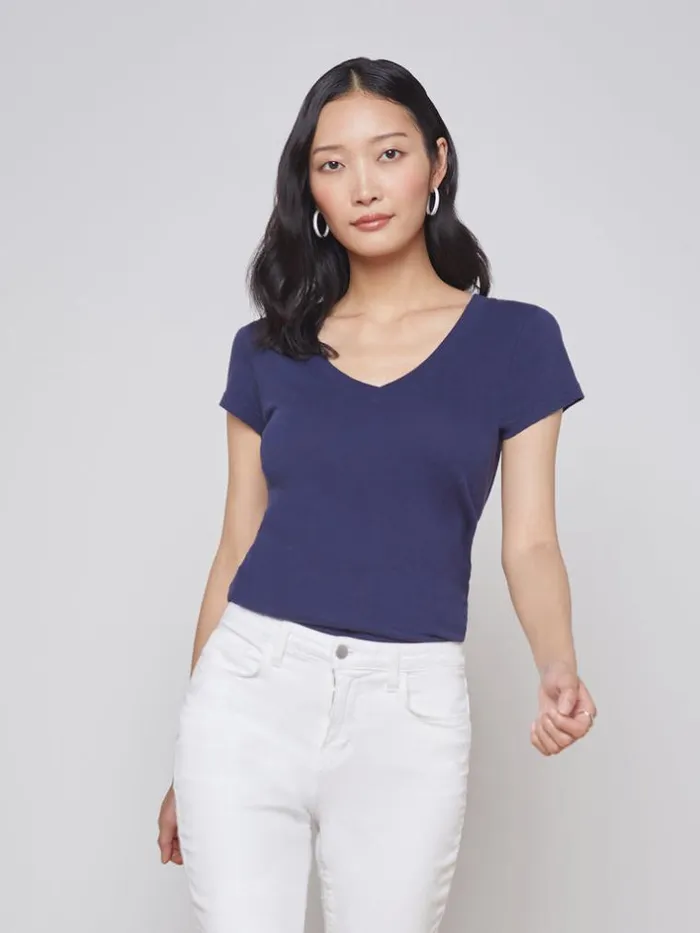 L039Agence Tees Women Becca Cotton VNeck Tee Navy