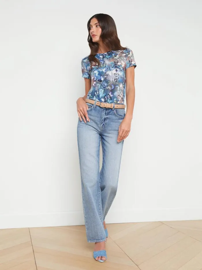L039Agence Tees Women Ressi Fitted Tee Blue Multi Cloud Butterfly