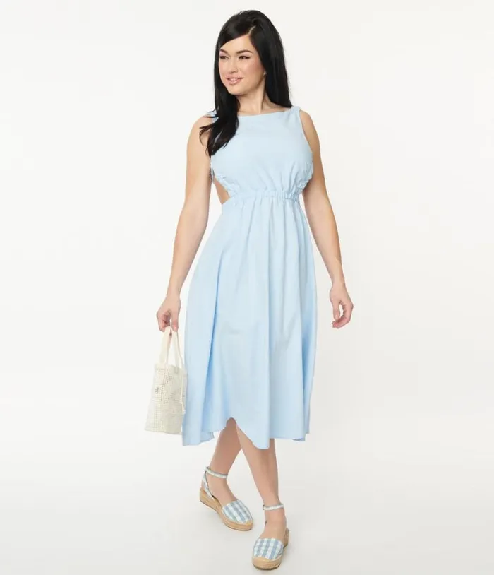 Light Blue Open Back Midi Dress Dresses Unique Vintage Midi