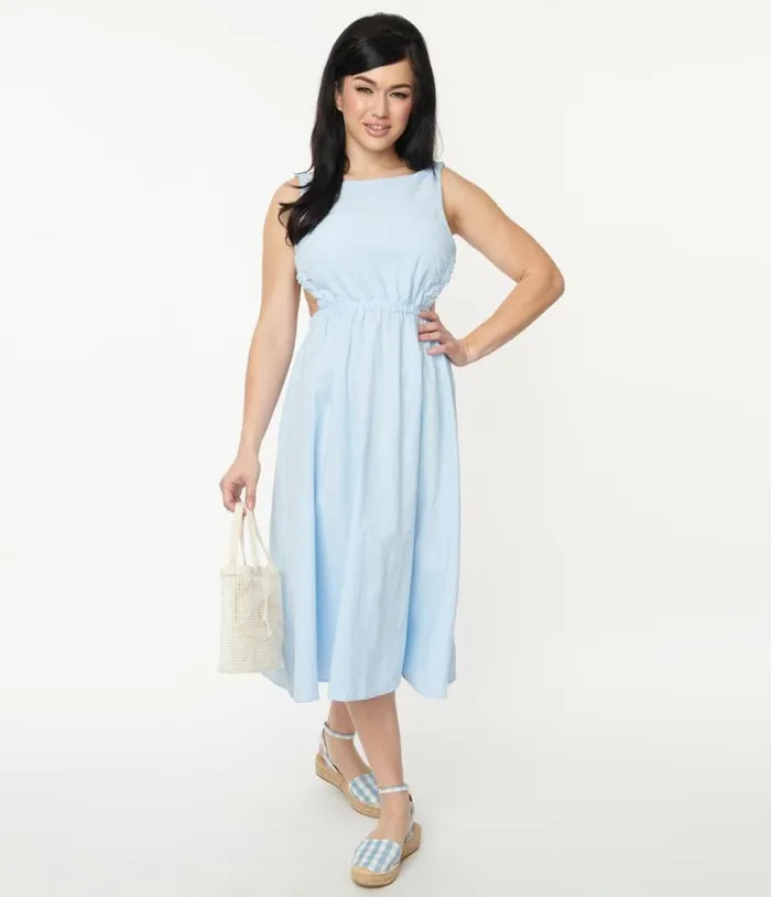 Light Blue Open Back Midi Dress Dresses Unique Vintage Midi