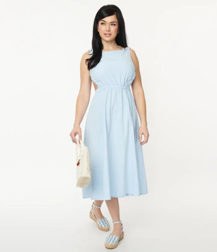 Light Blue Open Back Midi Dress Dresses Unique Vintage Midi