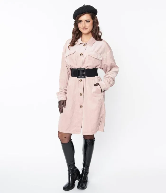 Light Pink Corduroy Long Jacket Clothing Unique Vintage Coats and Jackets