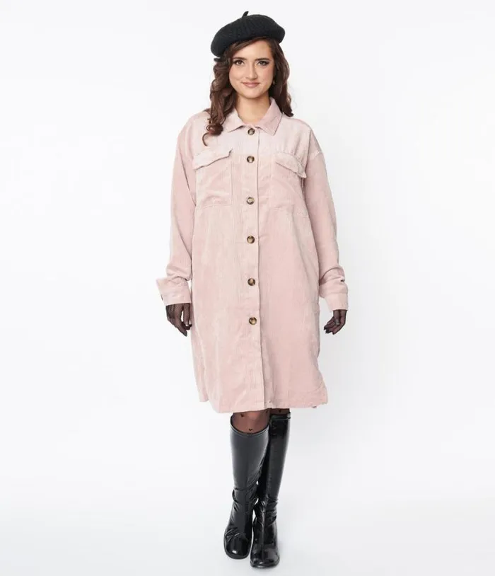 Light Pink Corduroy Long Jacket Clothing Unique Vintage Coats and Jackets