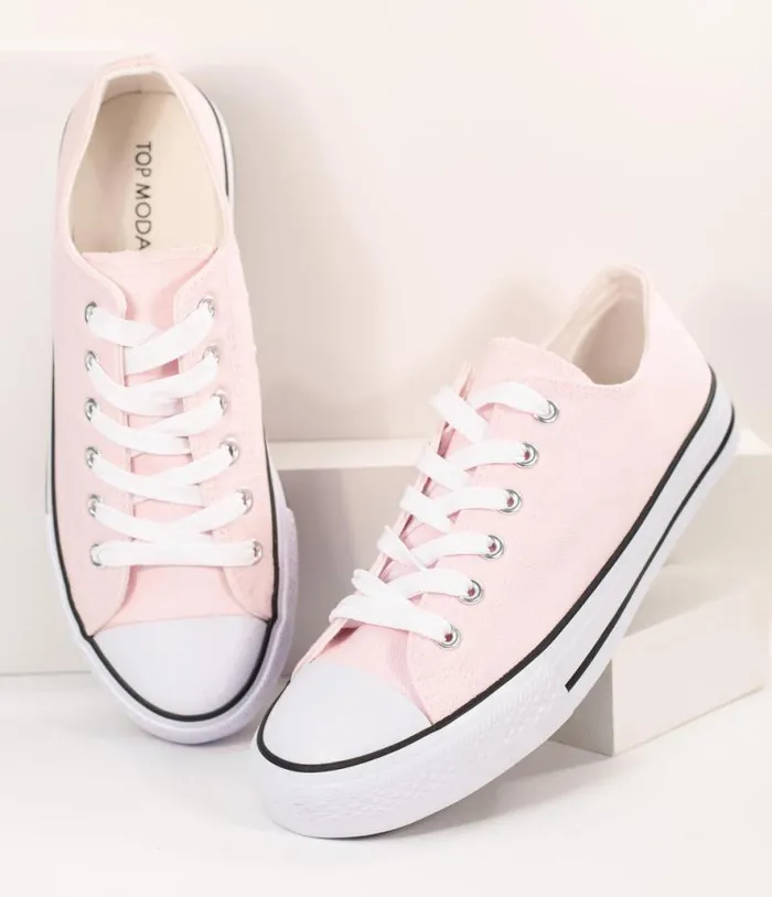Light Pink Lace Up Canvas Sneakers Shoes Unique Vintage Flats