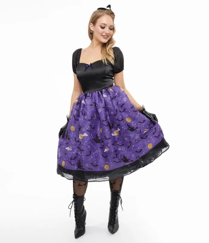 Light Up 1950s Black and Purple Witch Swing Dress DressesHalloweenPlus Unique Vintage Dresses Light Up 1950s Black and Purple Witch Swing Dress DressesHalloweenPlus Unique Vintage Dresses