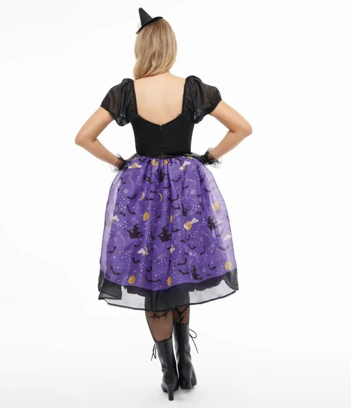 Light Up 1950s Black and Purple Witch Swing Dress DressesHalloweenPlus Unique Vintage Dresses