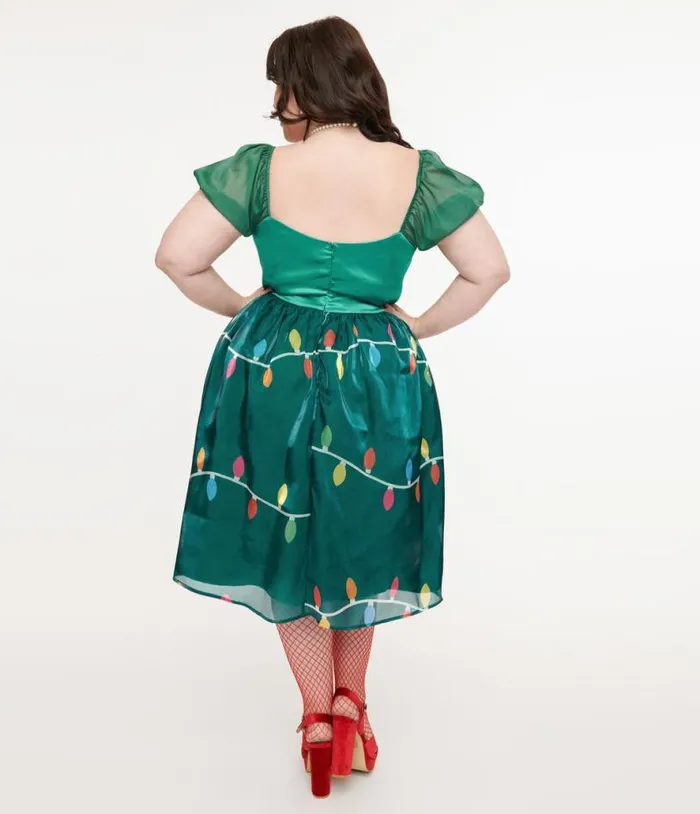 Light Up Plus Size 1950s Green Christmas Lights Print Sweetheart Dress DressesPlus Unique Vintage Swing