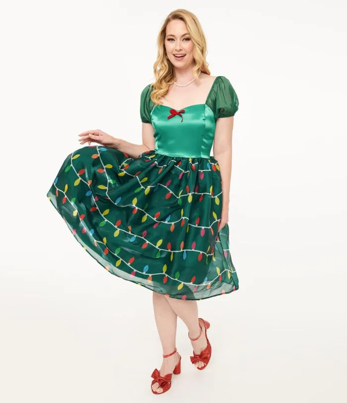 Light Up1950s Green Christmas Lights Print Sweetheart Dress Dresses Unique Vintage Swing Light Up1950s Green Christmas Lights Print Sweetheart Dress Dresses Unique Vintage Swing