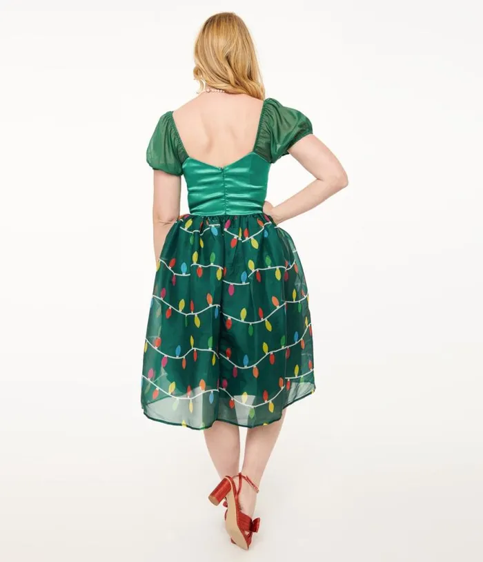 Light Up1950s Green Christmas Lights Print Sweetheart Dress Dresses Unique Vintage Swing