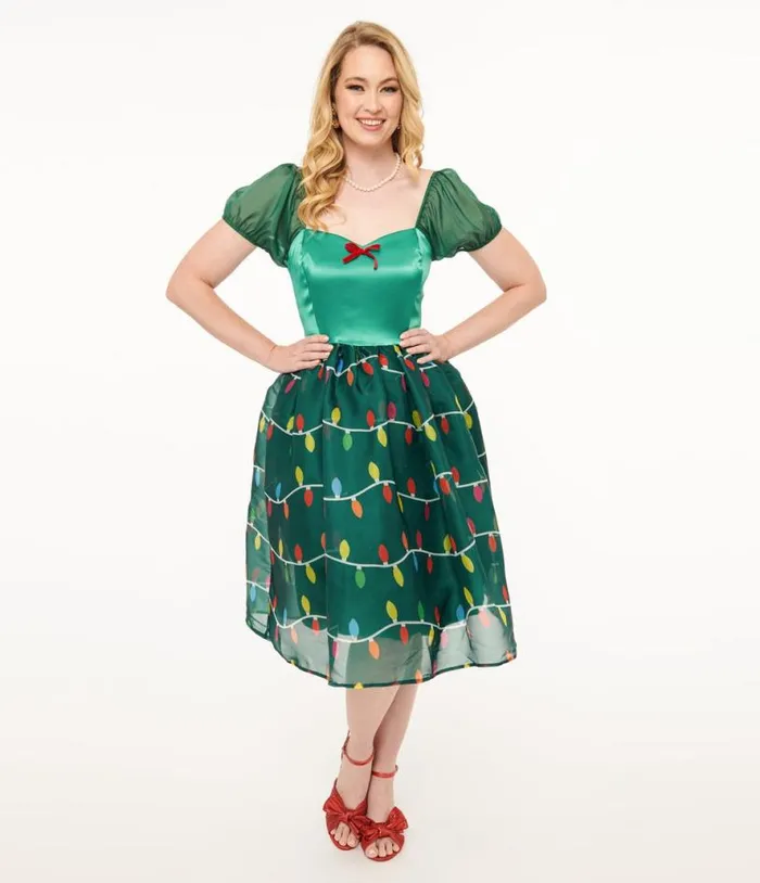 Light Up1950s Green Christmas Lights Print Sweetheart Dress Dresses Unique Vintage Swing