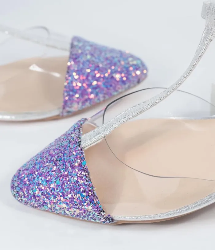Lilac Purple Glitter and Clear Vinyl TStrap Flats Shoes Unique Vintage Flats