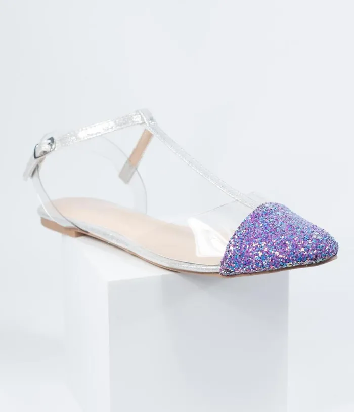 Lilac Purple Glitter and Clear Vinyl TStrap Flats Shoes Unique Vintage Flats