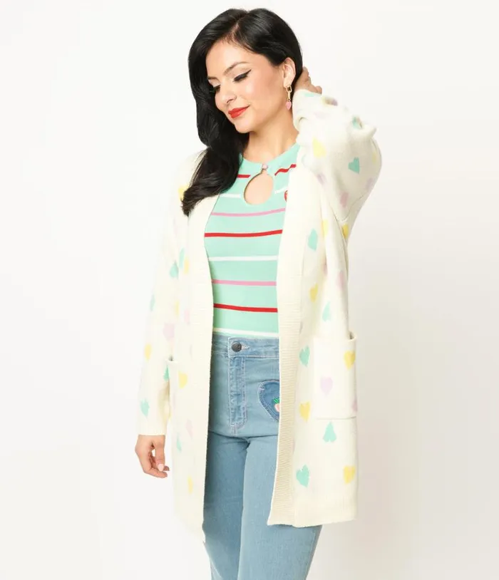 Magnolia Place Cream and Pastel Hearts Cardigan Clothing Unique Vintage Sweaters and Cardigans