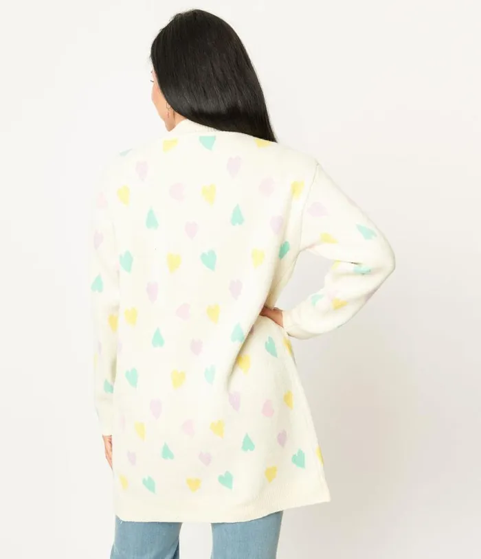 Magnolia Place Cream and Pastel Hearts Cardigan Clothing Unique Vintage Sweaters and Cardigans