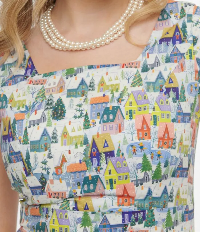 Magnolia Place Multicolor Winter House Print Anna Swing Dress Dresses Unique Vintage Pocket Dresses
