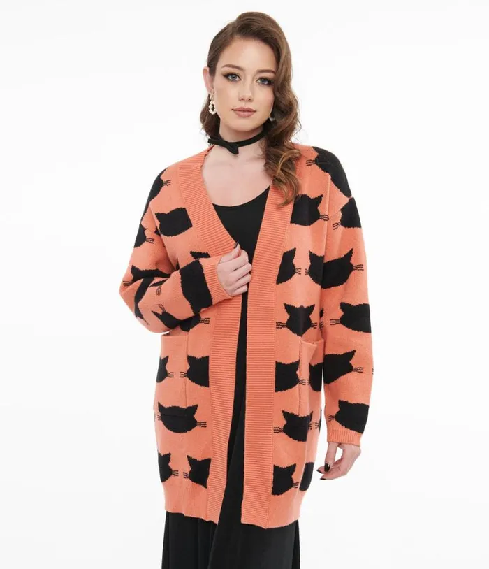 Magnolia Place Orange and Black Cat Cardigan ClothingHalloween Unique Vintage Sweaters and Cardigans