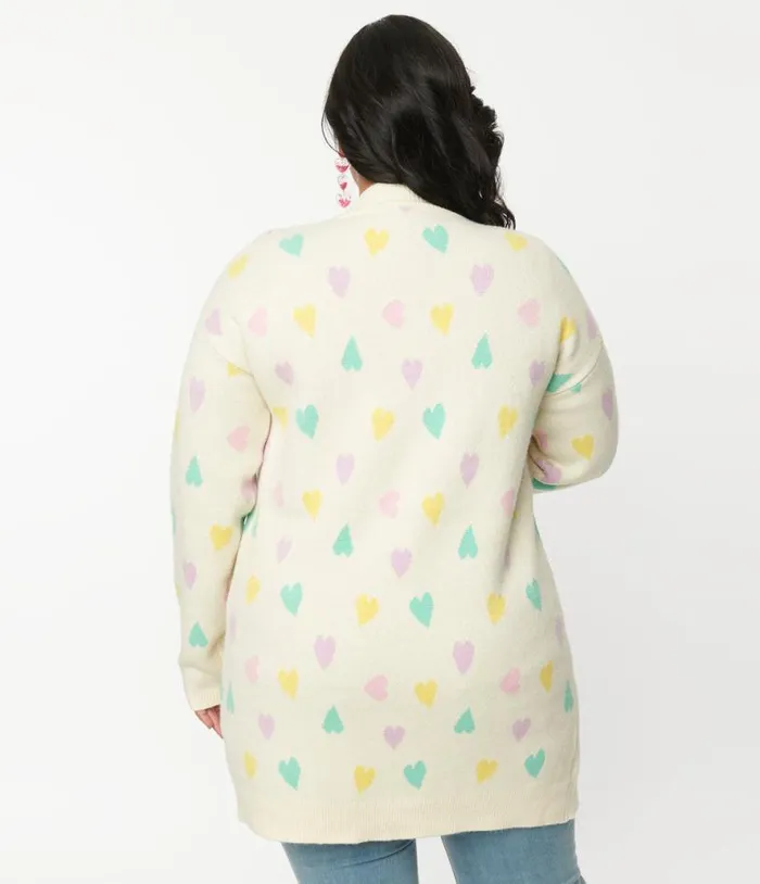 Magnolia Place Plus Size Cream and Pastel Hearts Cardigan Clothing Unique Vintage Sweaters and Cardigans