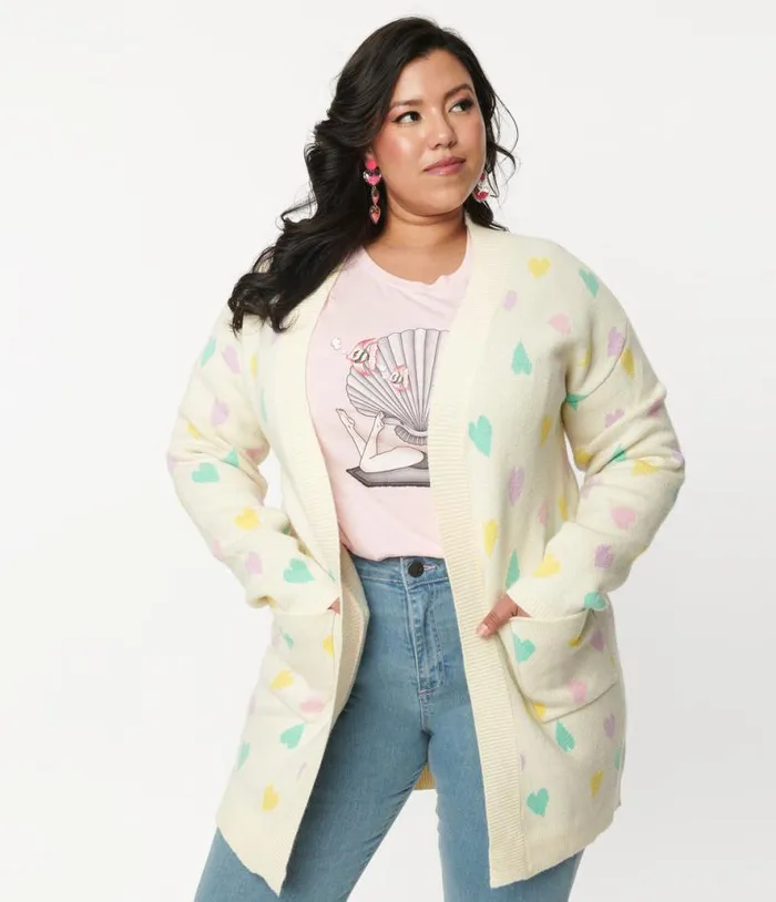 Magnolia Place Plus Size Cream and Pastel Hearts Cardigan Clothing Unique Vintage Sweaters and Cardigans