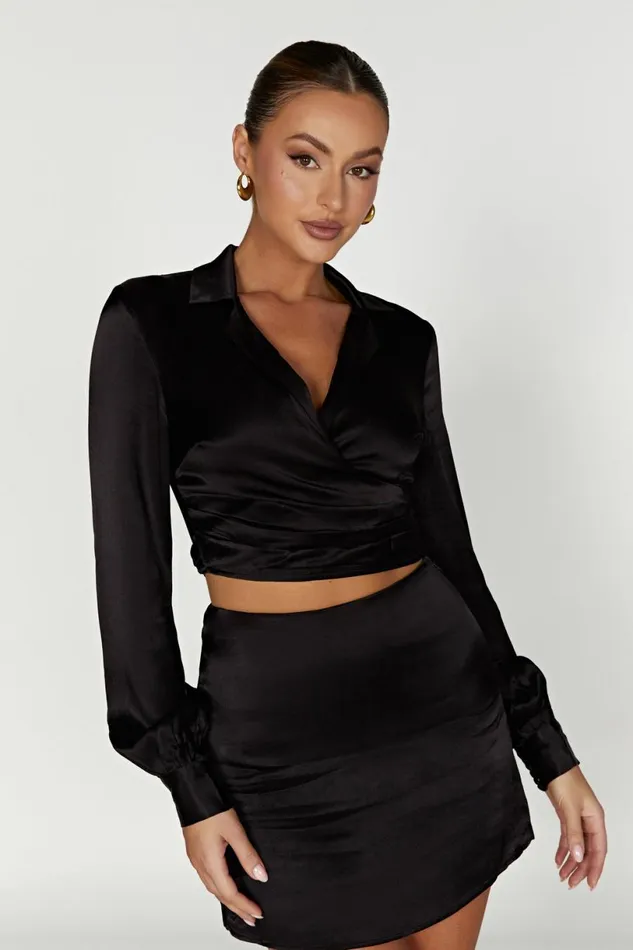 Meshki Bachelorette Women Amia Satin Wrap Shirt 8211 Black Black