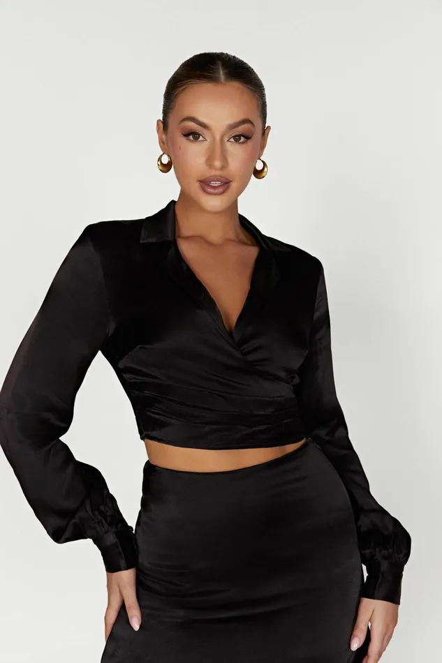 Meshki Bachelorette Women Amia Satin Wrap Shirt 8211 Black Black