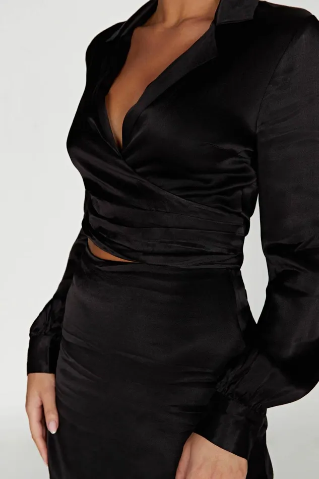 Meshki Bachelorette Women Amia Satin Wrap Shirt 8211 Black Black