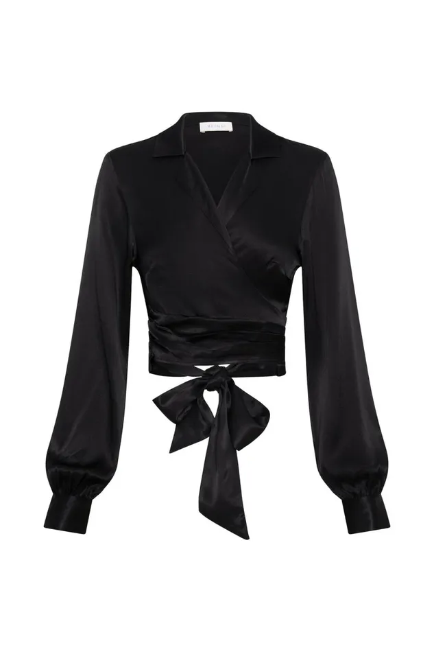Meshki Bachelorette Women Amia Satin Wrap Shirt 8211 Black Black