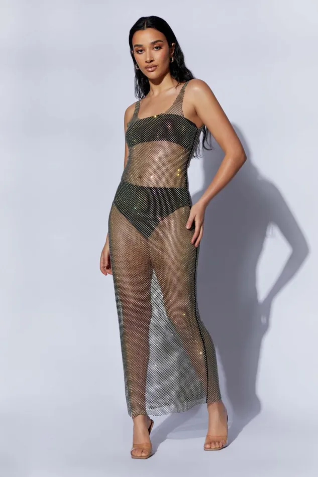 Meshki Bachelorette Women Delara Diamante Mesh Maxi Dress 8211 Black Black