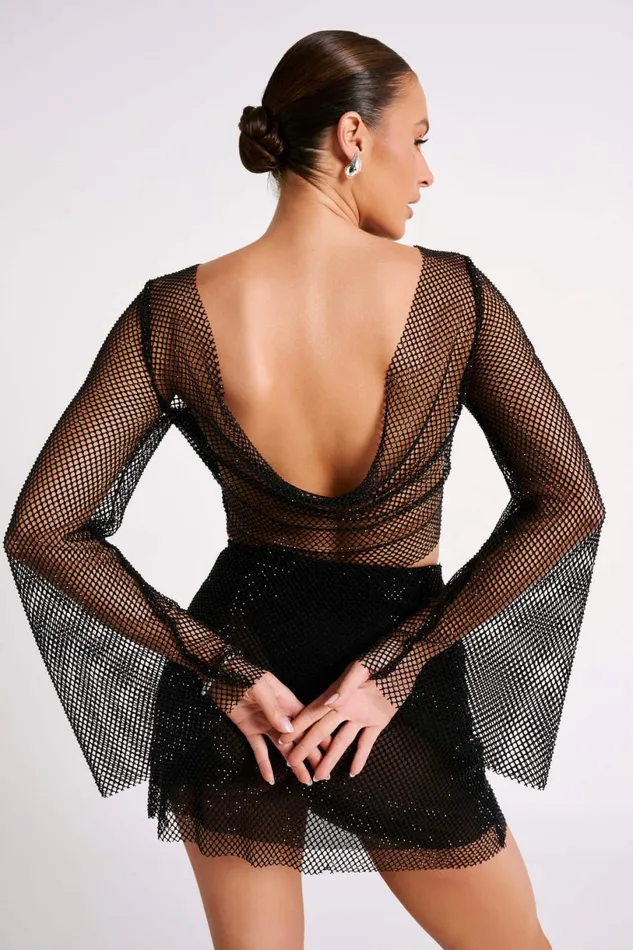 Meshki Bachelorette Women Hilton Diamante Mesh Cowl Top 8211 Black Black