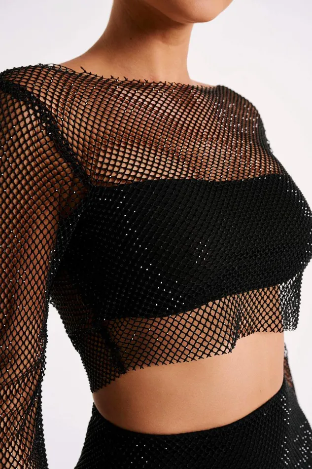Meshki Bachelorette Women Hilton Diamante Mesh Cowl Top 8211 Black Black
