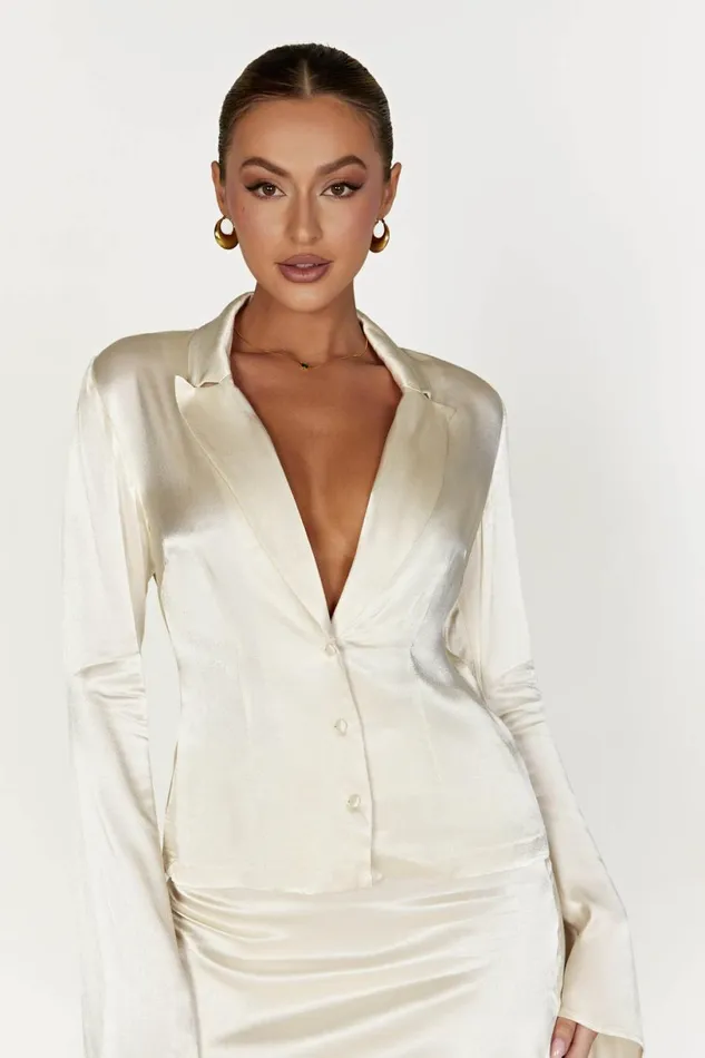 Meshki Bachelorette Women Noa Collared Long Sleeve Shirt 8211 Ivory Ivory