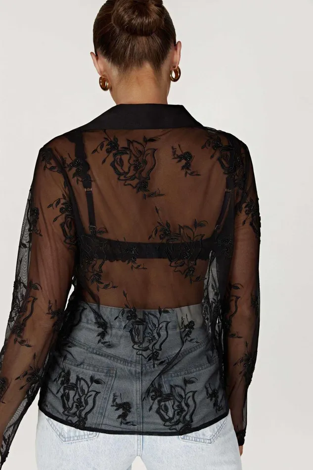 Meshki Bachelorette Women Vivica Embroidered Mesh Shirt 8211 Black Black