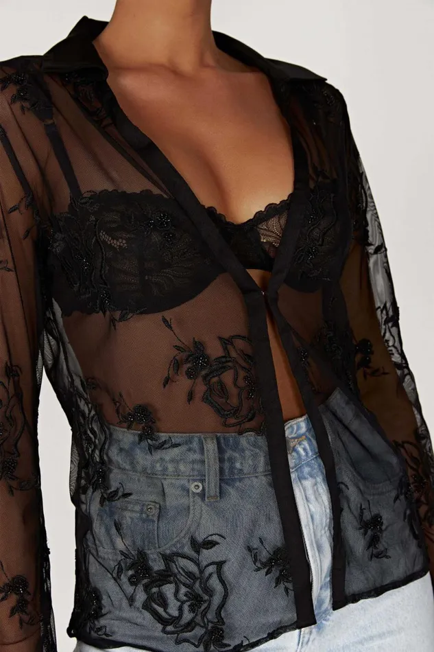 Meshki Bachelorette Women Vivica Embroidered Mesh Shirt 8211 Black Black