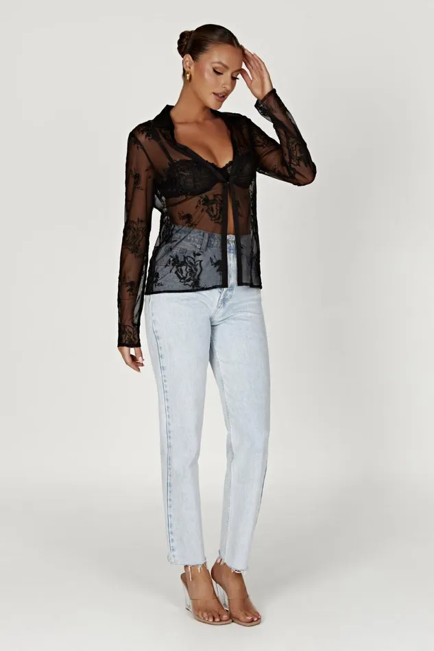 Meshki Bachelorette Women Vivica Embroidered Mesh Shirt 8211 Black Black
