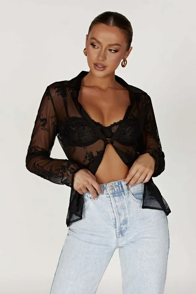 Meshki Bachelorette Women Vivica Embroidered Mesh Shirt 8211 Black Black